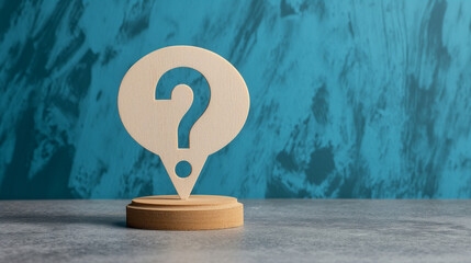 This image displays a wooden question mark mounted on a small pedestal in front of a marbled blue backdrop, evoking a sense of inquiry and curiosity.