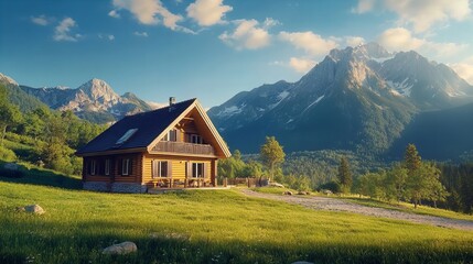 Fototapeta premium Beautiful house with high mountain background during the day,