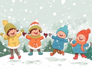 Fototapeta premium Happy children play snow watercolor illustration isolated on white. AI generated