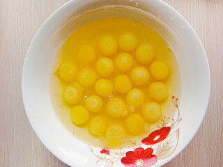 Quail eggs in a plate. Broken quail eggs in a plate on the table. The yolk and white of an egg. Cooking an omelet for breakfast. The benefits of eggs.