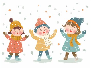 Fototapeta premium Happy children play snow watercolor illustration isolated on white. AI generated