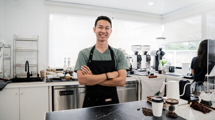 Startup successful small business owner sme man, beauty asia boy stand proundly in coffee shop...