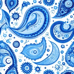 seamless pattern, Blue paisley pattern with intricate, organic shapes and delicate lines, giving a classic, elegant feel
