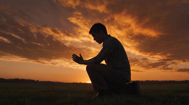 A young man kneeling in prayer, his silhouette against a fiery sunrise, hands clasped, symbolizing the sanctification of his soul.