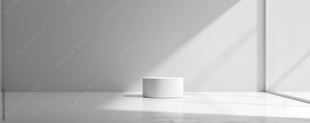 Poster in a contemporary, monochromatic setting, a 3d podium with a smooth, curved shape stands out, surrou