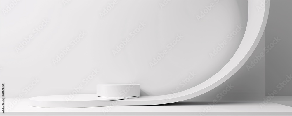 Poster in a contemporary, monochromatic setting, a 3d podium with a smooth, curved shape stands out, surrou