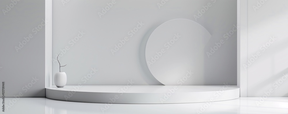 Poster in a contemporary, monochromatic setting, a 3d podium with a smooth, curved shape stands out, surrou
