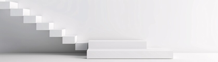 A minimalist backdrop showcases a 3D podium with an angular, geometric design, surrounded by vast white space. The generous copyspace ensures a clean and modern look, perfect for marketing purposes.