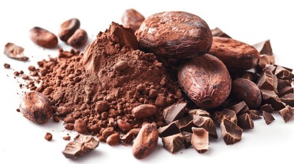 Obraz premium Cocoa Powder Isolated, Cacao Dust Pile, Dry Ground Cocoa Beans, Cocao Powder Pile for Homemade Chocolate on White Background