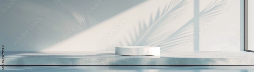 Poster a 3d podium with a geometric, angular design sits prominently in a minimalist setting, with generous