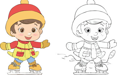 
Coloring page features a simple drawing of red yellow with baby boy & girl ice skating, designed cartoon character image for young children