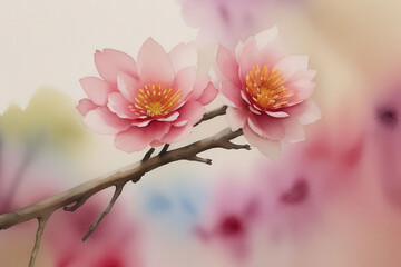 Obraz premium Two pink flowers on a branch with a blurry background.