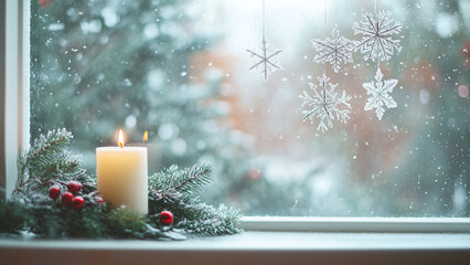 Simple Christmas Decor: Frosted Window with Candle and Snowflakes