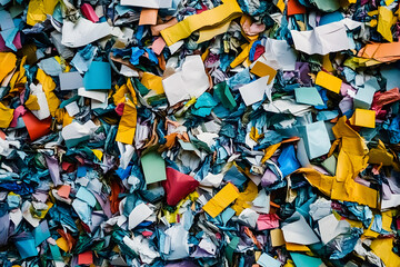 A dense pile of multi-colored shredded paper, showcasing recycling processes and waste separation.