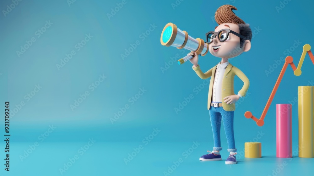 Poster a 3d character with glasses and a cheerful expression is holding a telescope, looking forward with o