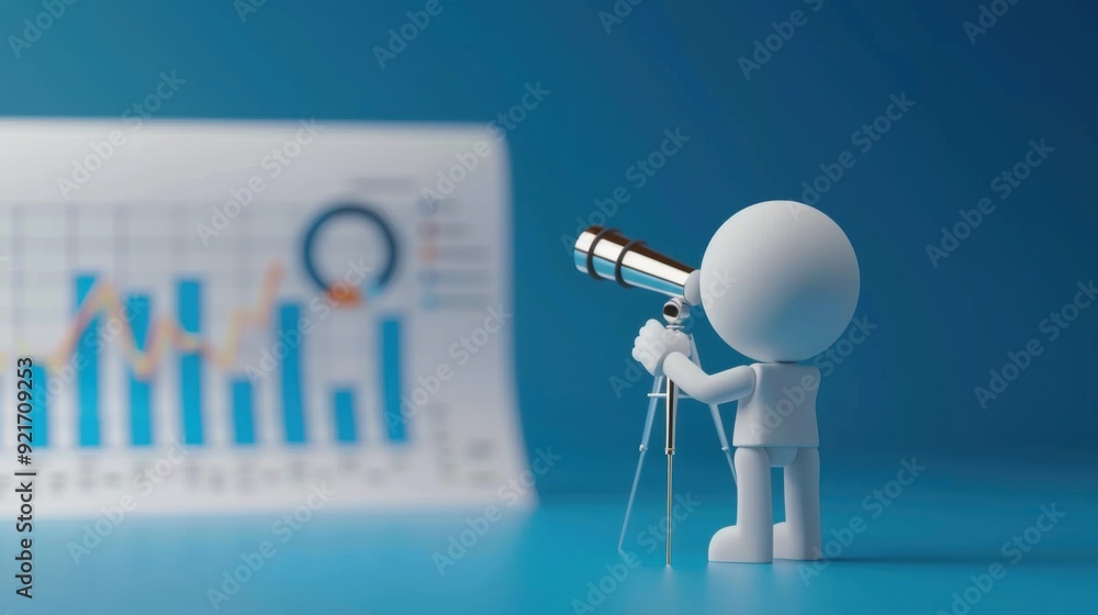 Poster a 3d figure looks through a telescope at a chart, symbolizing data analysis and future forecasting.