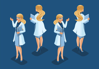 Trending Isometric Doctors. 3D Female surgeon, Medical worker, hand and foot gestures, front view and back view. Vector Illustration Set 7