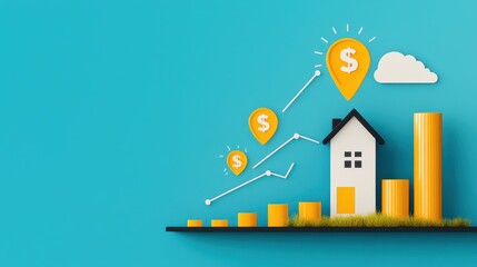 Naklejka premium Dream Home Asset Planning Success - Hand-Drawn Financial Growth Graph Towards House, Copy Space, Flat Design Illustration