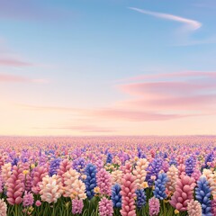 A stunning field of pastel-colored flowers under a bright, serene sky at sunset, capturing the beauty of nature's vibrant blooms.