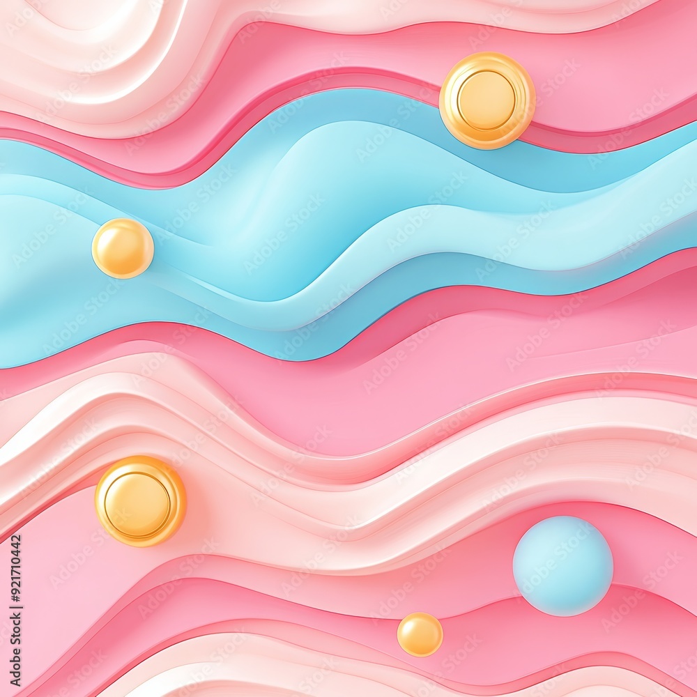 Poster abstract 3d pastel wave background with soft color curves and floating spheres in pink, blue, and go