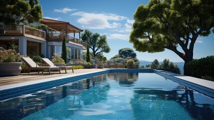 Beautiful home exterior and large swimming pool on sunny day with blue sky 