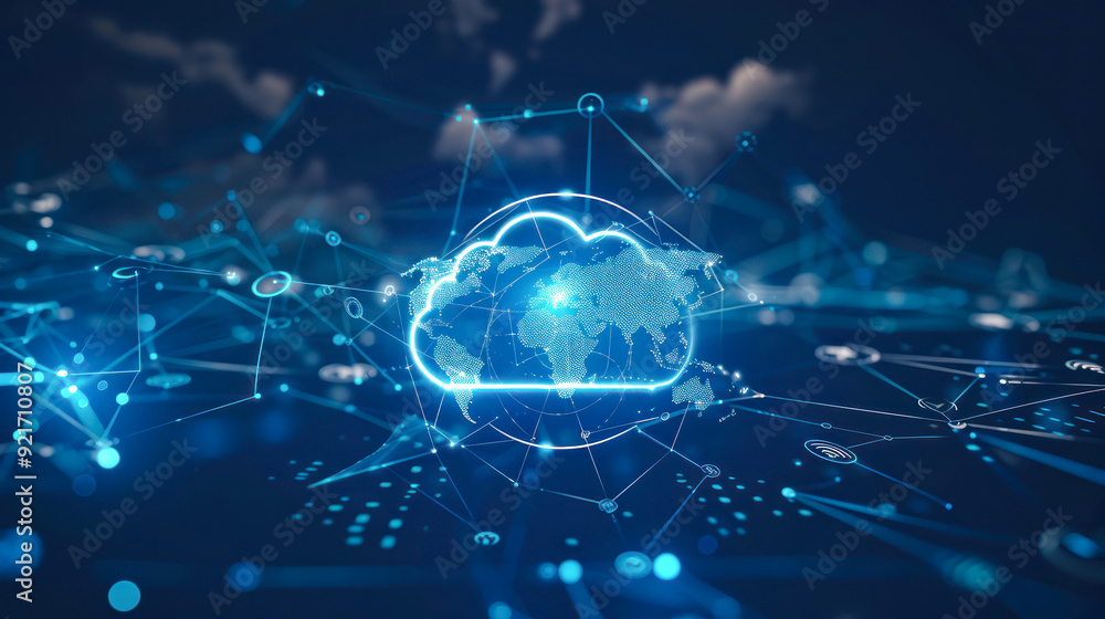 Poster digital cloud on in neon lights. serverless technology on hybrid cloud network with modern digital i