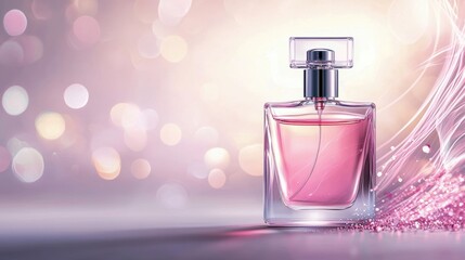 Elegant perfume bottle with a soft pink hue, surrounded by shimmering lights, perfect for beauty and fragrance promotion.