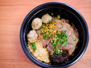 Thai style noodle blood soup,boat noodle.delicious dish.famous Thai noodle soup. Thai peoples call Boat Noodles. Close up or selective focus
