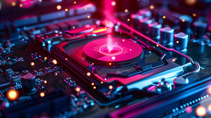 Obraz premium Closeup of a Computer Motherboard with CPU and Neon Lights - 3D Illustration
