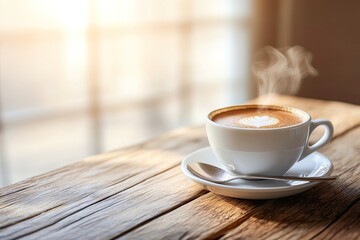 Fototapeta premium Steaming cup of coffee on rustic wooden table in cozy cafe