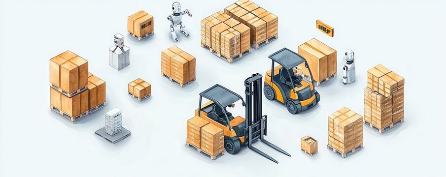 Watercolor-style e-commerce warehouse, forklifts moving pallets, robots assisting, logistics streamlined to perfection