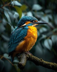 Vibrant blue and orange kingfisher perched on branch.