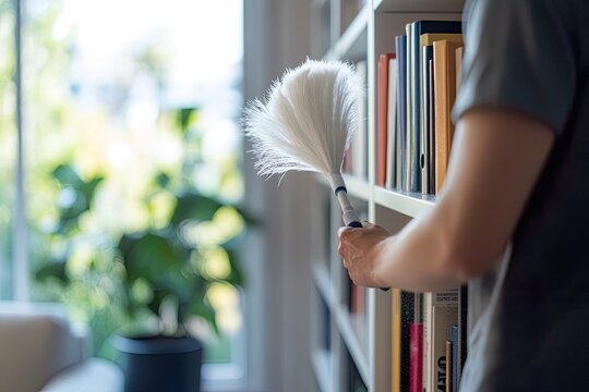 Person dusting bookshelf with feather duster in bright room