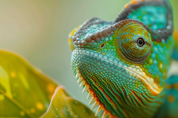 Fototapeta premium Extreme Close-Up of a Chameleon in the Wild, Capturing Detailed Scales and Colors. Generative AI