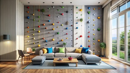 Indoor climbing wall with colorful holds and ropes-installed in a modern living room, blending adventure and comfort in a unique home decoration concept.