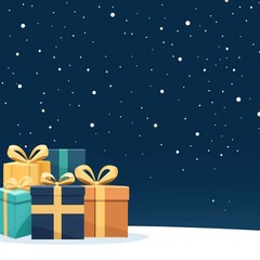 Colorful gift boxes with ribbons on snow against a starry night sky, perfect for festive Christmas and holiday themes.