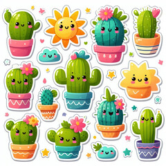 Obraz premium Cute cartoon cacti stickers in pots.
