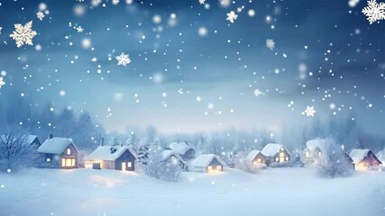 A warm, glowing cabin nestled in a snow-covered forest during a gentle snowfall, evoking a serene and cozy winter night.

