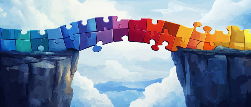 Design an abstract concept of a bridge made of colorful puzzle pieces connecting two cliffs
