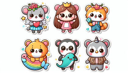 Obraz premium Cute cartoon animal stickers with different outfits.