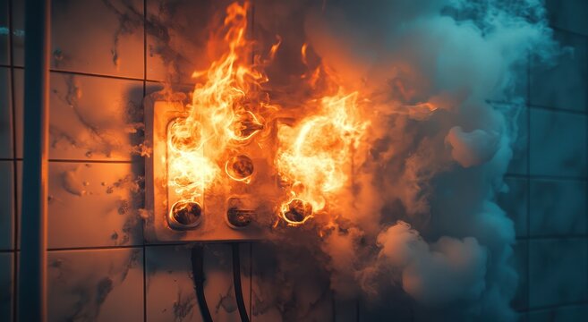 A close-up shot of an electrical arc in the wall, with smoke billowing out. The scene captures a moment just after flames shoot out from one socket