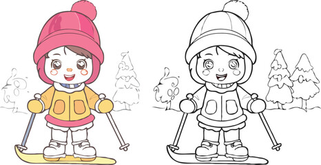 
Coloring page features a simple drawing of red yellow with baby boy & girl ice skating, designed cartoon character image for young children