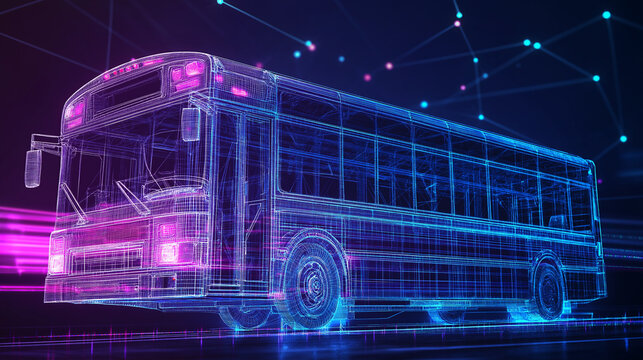 digital school bus with binary code, integration of artificial intelligence into student transportation systems, route optimization algorithms, safety monitoring mechanisms, school bus management.