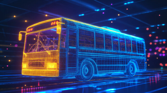 digital school bus with binary code, integration of artificial intelligence into student transportation systems, route optimization algorithms, safety monitoring mechanisms, school bus management.