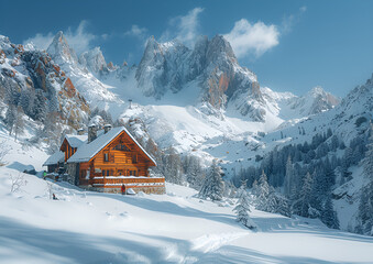 Fototapeta premium Snow Mountain winter ski lodge and cottage