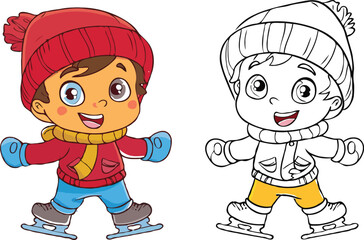
Coloring page features a simple drawing of red yellow with baby boy & girl ice skating, designed cartoon character image for young children