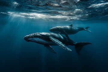 Fototapeta premium photo of a mother whale and her calf swimming in the blue ocean