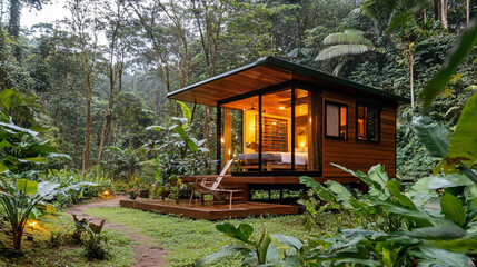 Tiny house hotel in a lush forest clearing