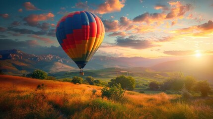Obraz premium Hot Air Balloon Soaring Over Rolling Hills at Sunset