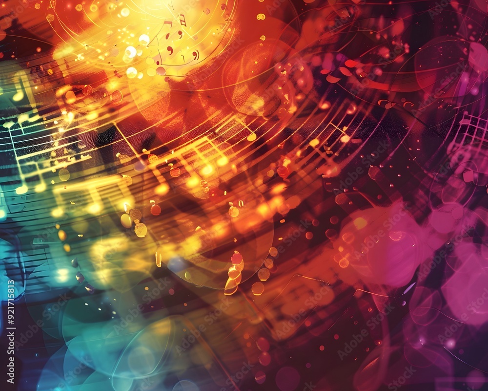 Poster vibrant kaleidoscopic music note background with dynamic blending patterns